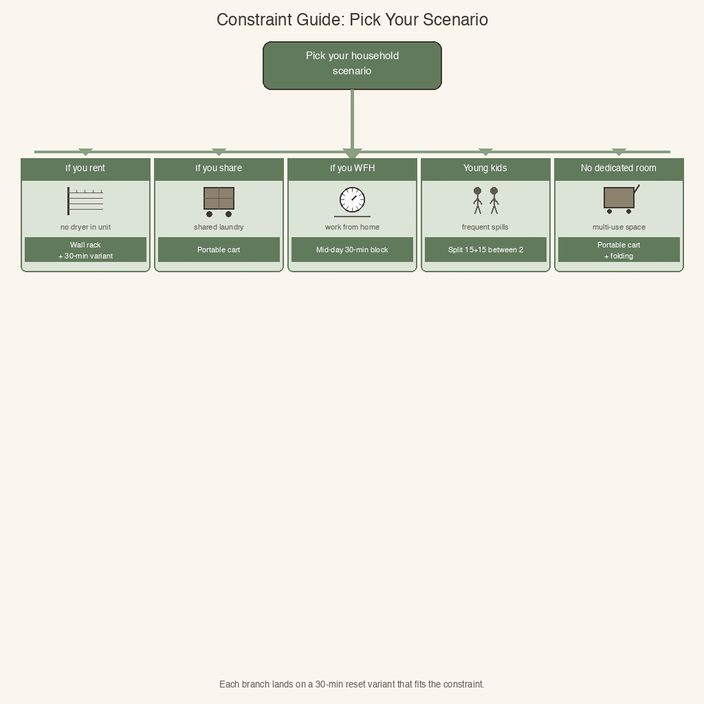Five-branch decision tree covering rental, shared laundry, work-from-home, young kids, and no dedicated room scenarios.