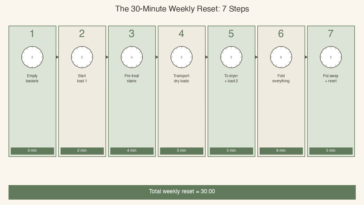 Laundry weekly reset 7-step framework flowchart from sort to put-away