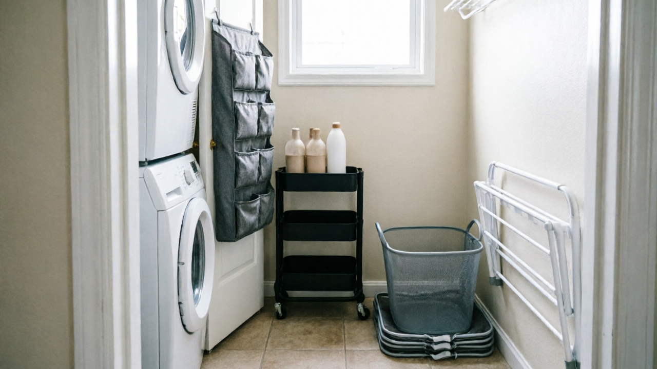 Rental laundry nook: over-door organizer, slim cart parked flush, collapsed mesh hampers, clear path