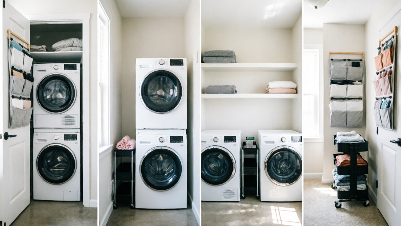 Four layouts: bi-fold closet, stacked washer-dryer with side cart, side-by-side gap cart, hallway cart