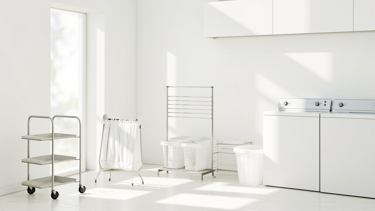 Slim cart, over-door shelves, fold-down dry rack, mesh hampers, and door hooks for small laundry