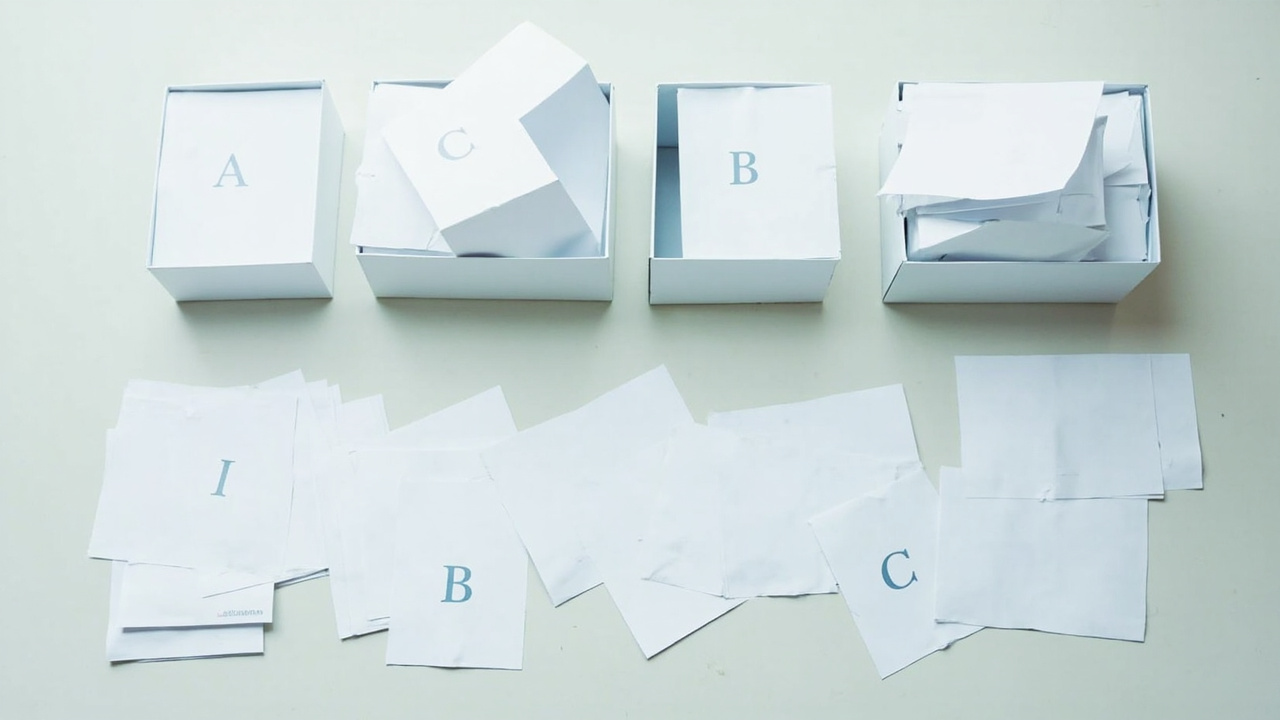 ABC card sort method with three labeled boxes for organizing, decision framework concept