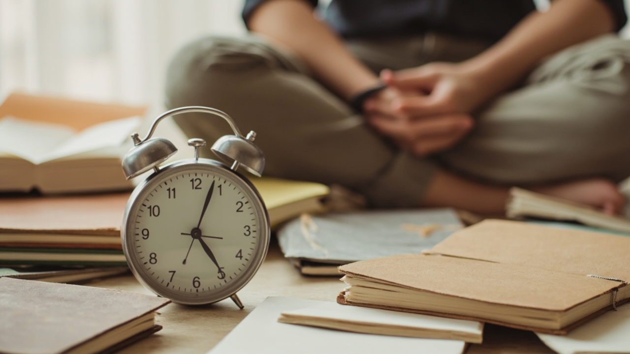 Person sitting cross legged with timer working on decluttering session with notebooks
