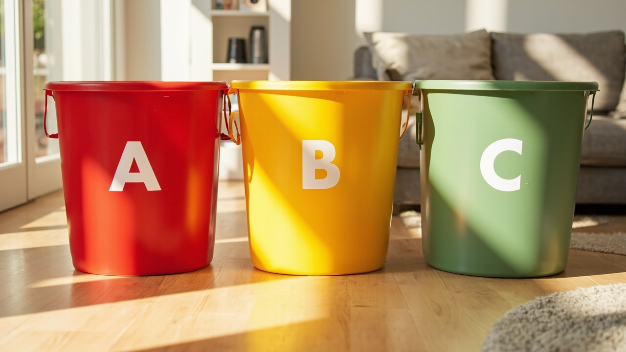 Color coded storage bins labeled A B C in a living room, decision making decluttering system