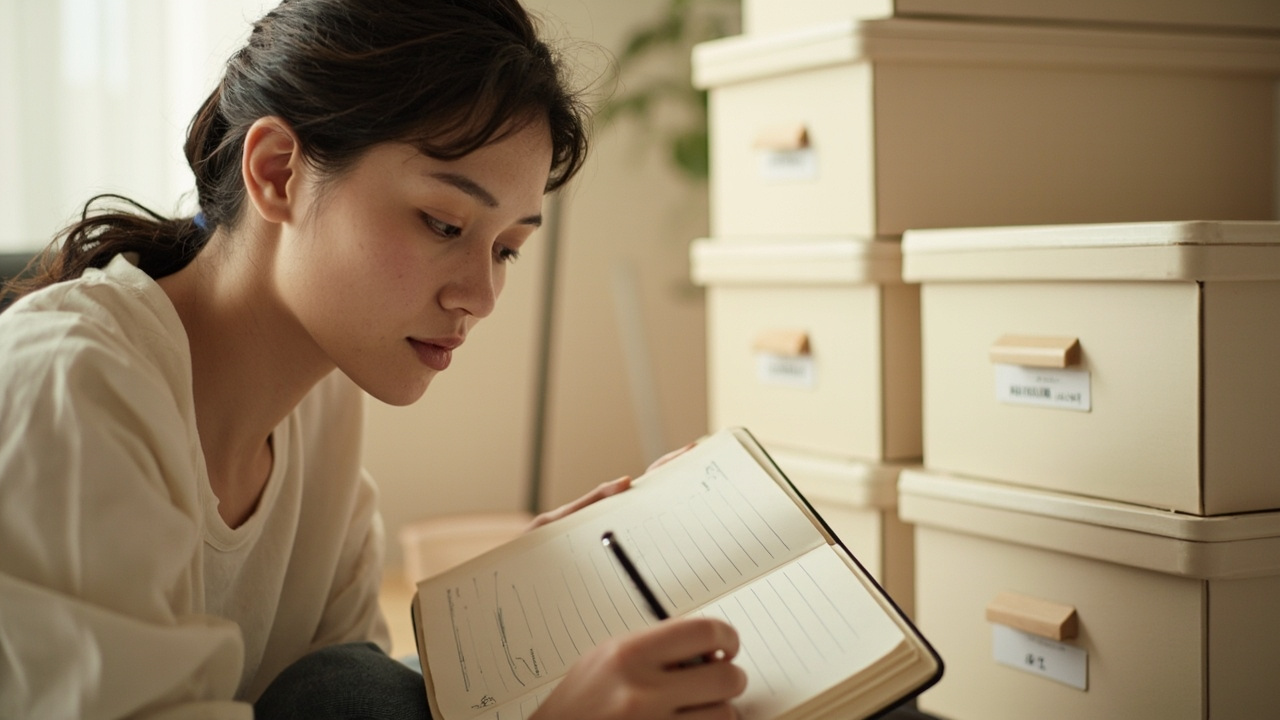 Person writing on planner while looking at labeled boxes, organizing session calm focus