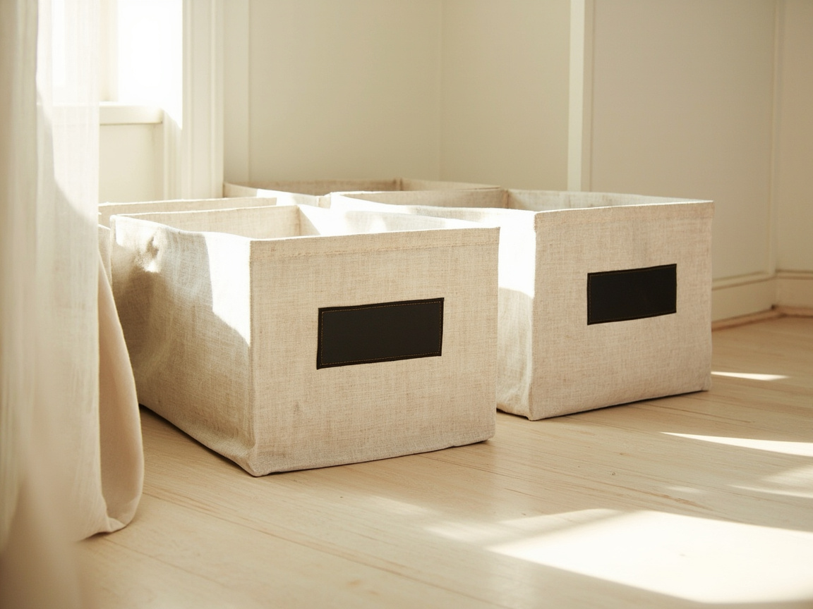 Four labeled fabric bins in a bedroom corner staged as Trash, Donate, Keep, and Relocate quadrants