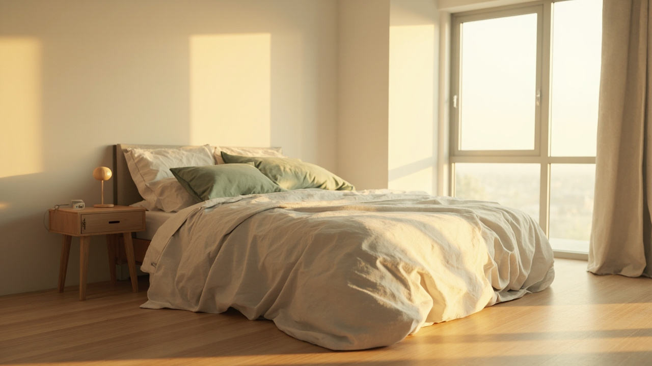 Freshly made bed with completely clear floor — the visual baseline for Step 2