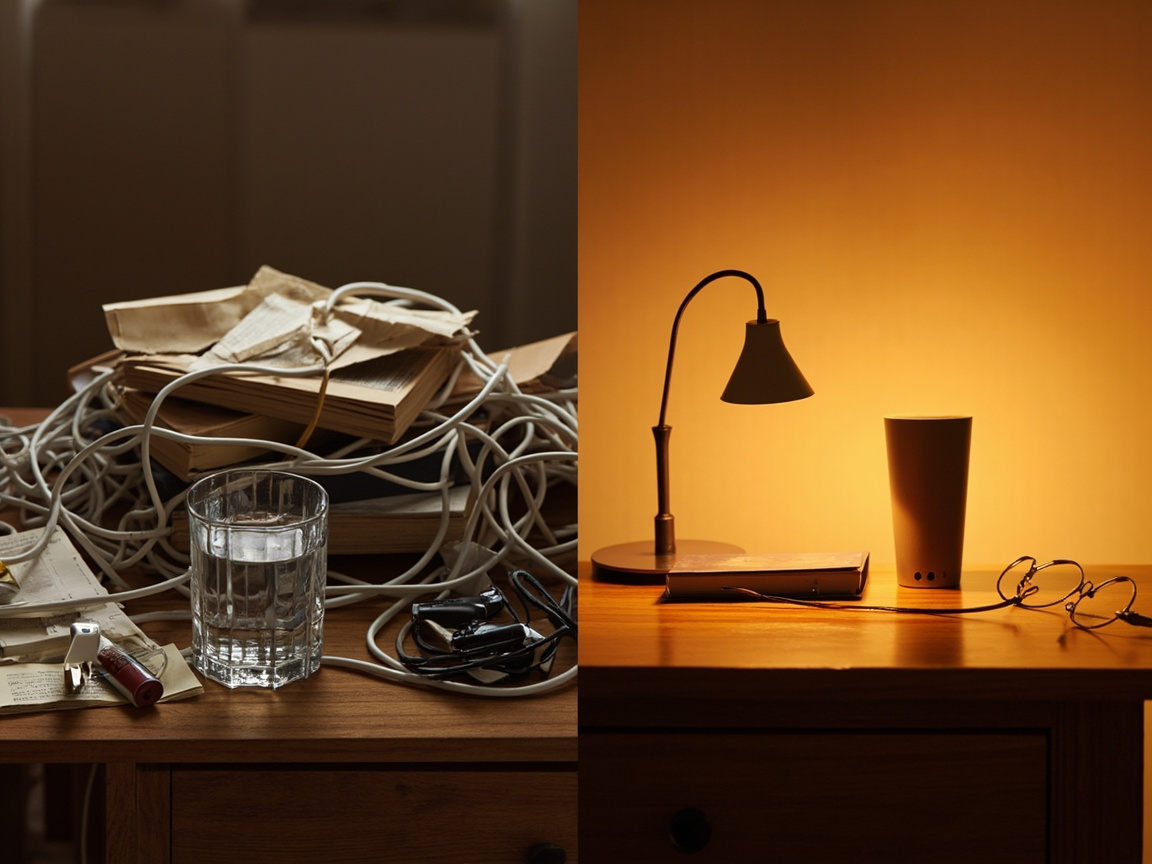 Side-by-side comparison of a cluttered versus clean nightstand — only lamp, water, and one book on the cleared version