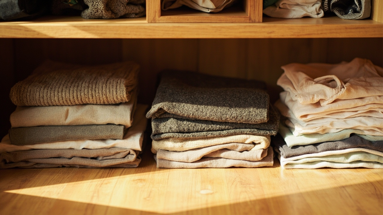 Walk-in closet with sorted clothing piles — Keep, Donate, and Discard — illustrating the 12-month rule during Step 4