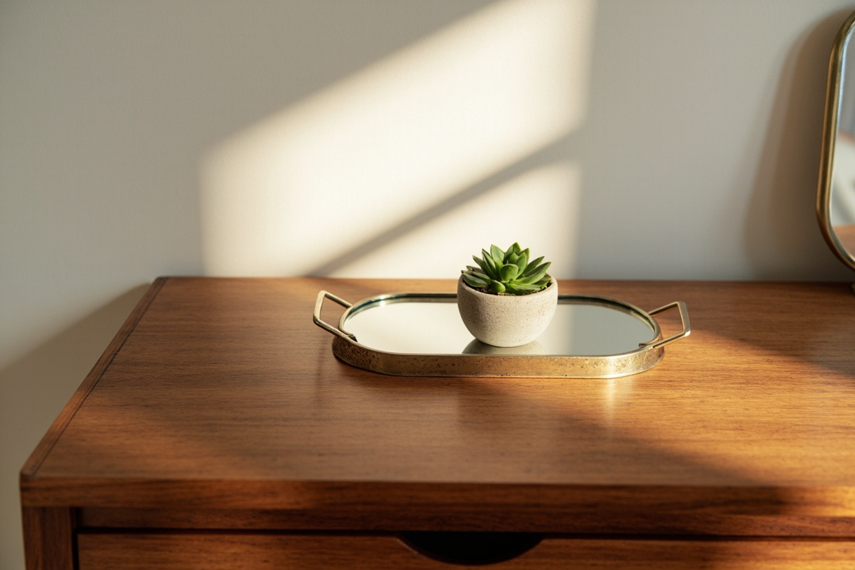 Reset mid-century wood dresser top with a single mirror tray and small succulent