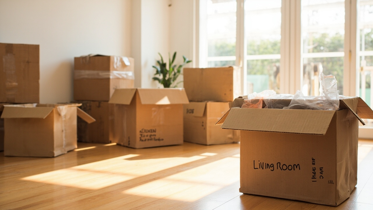 Open moving boxes labeled and organized by room, fresh new home setup
