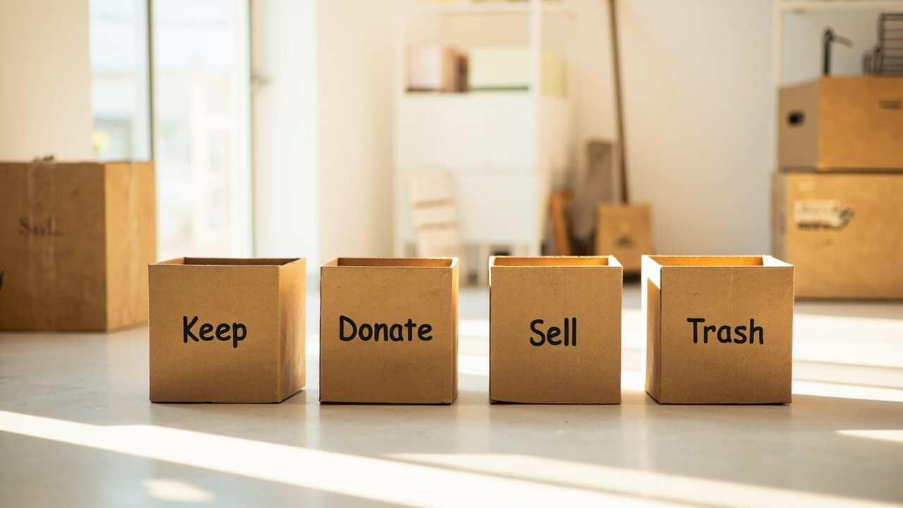 Four box method Keep Donate Sell Trash in an organized sorting area