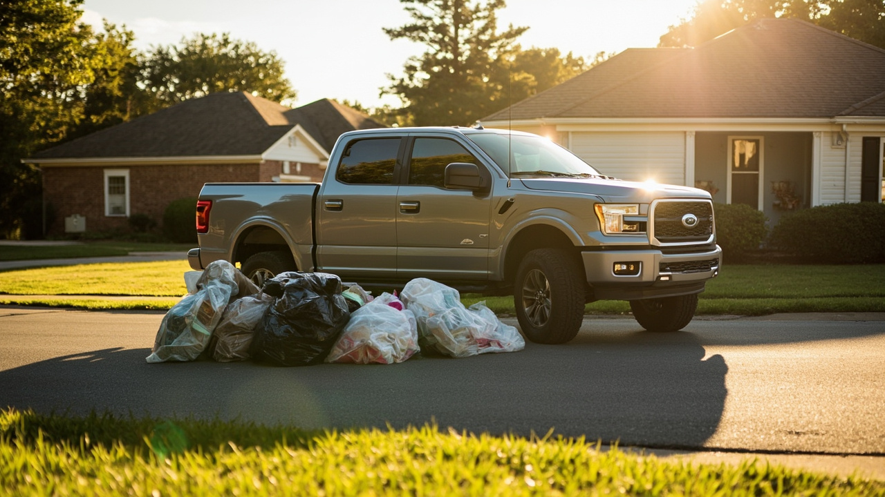 Donation pickup truck in front of a home, bags ready for charity