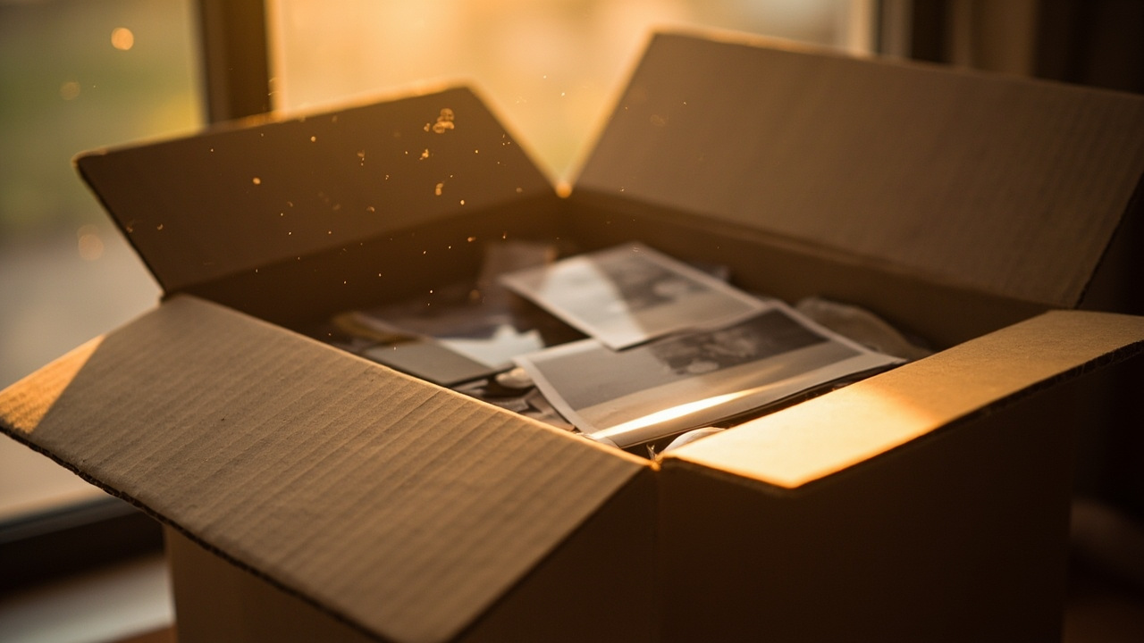 Box being packed for moving with photos and important items, sentimental packing moment