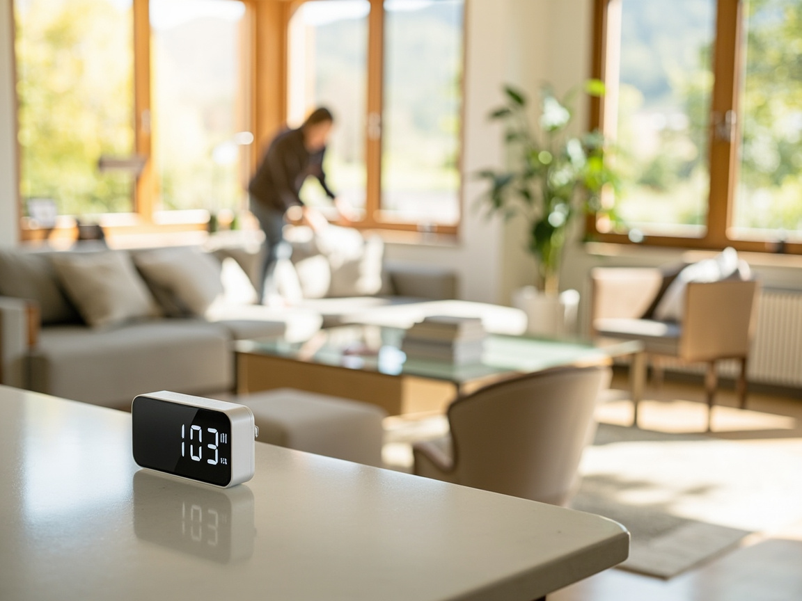 5-minute daily reset routine: timer on counter, person quickly tidying living room