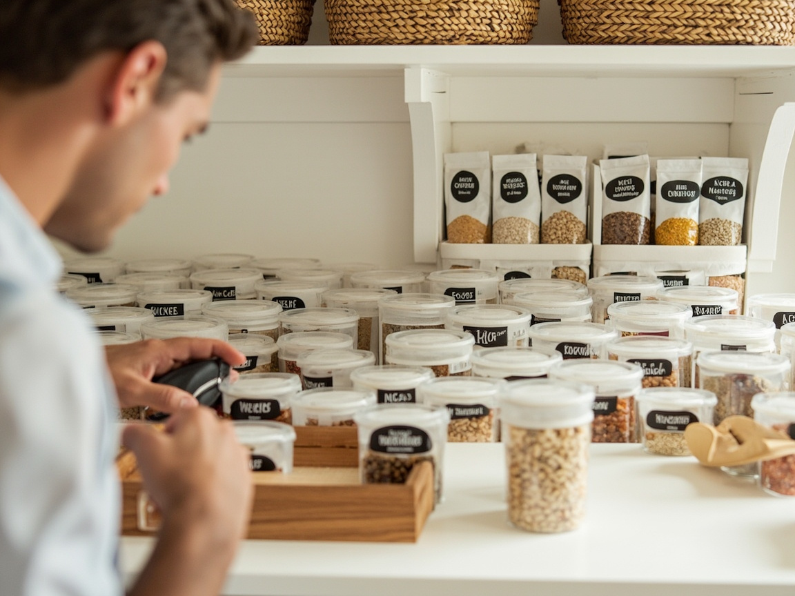 Weekly zone sweep: labeled baskets in kitchen pantry, organized neatly, person sorting items into 4 categories