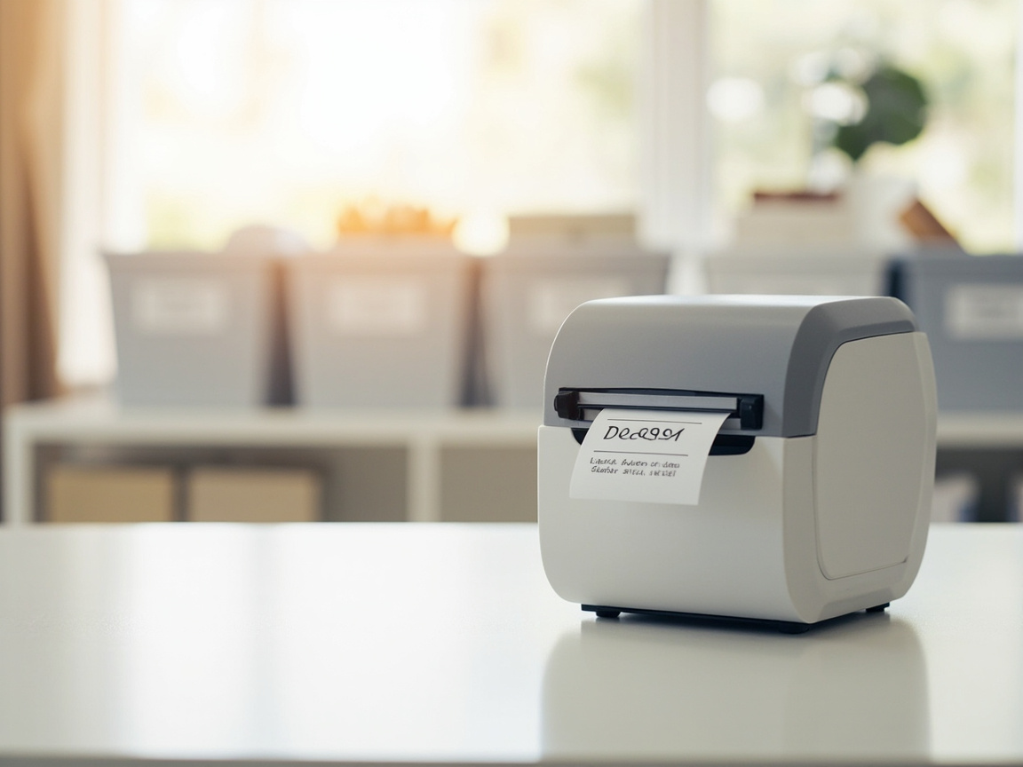 Label maker machine creating organized labels for storage bins, neat home office setup
