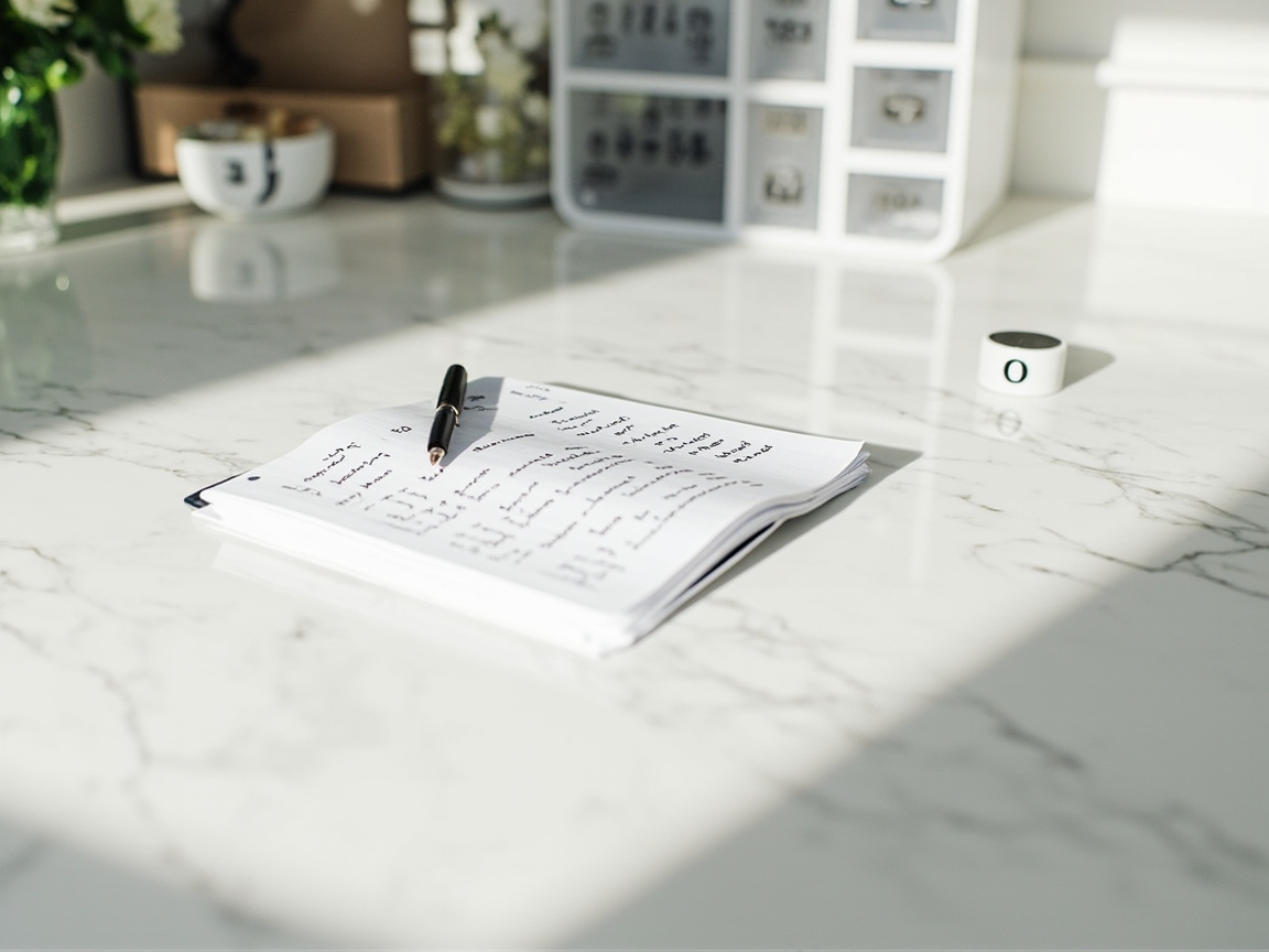 Daily to-do list notepad on kitchen counter with timer and labeled bins, habit stacking routine visualization
