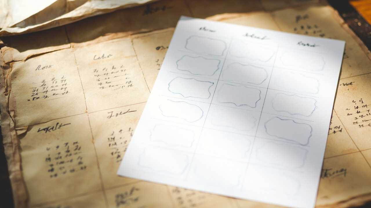 Old calendar page with free printable labels template on printer paper, DIY home labels