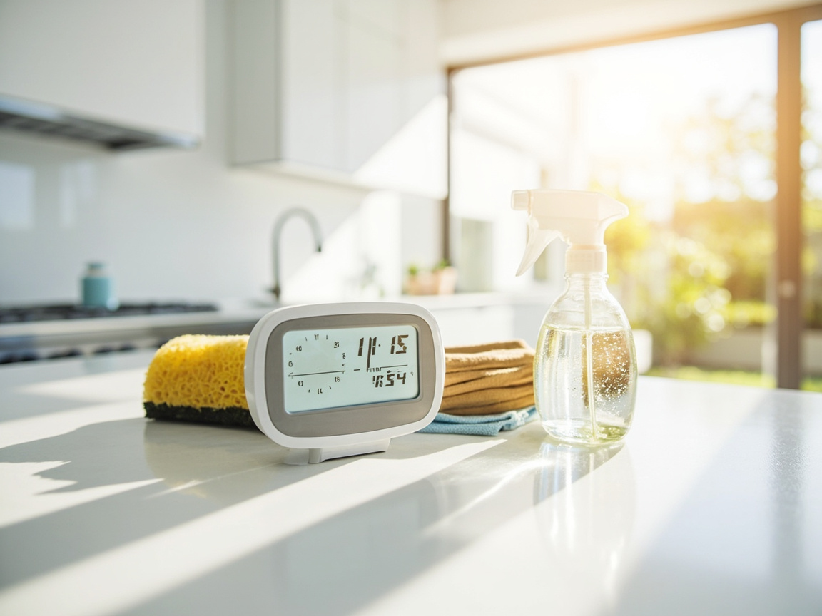 Kitchen timer showing 15 minutes with cleaning supplies staged nearby for daily home blessing
