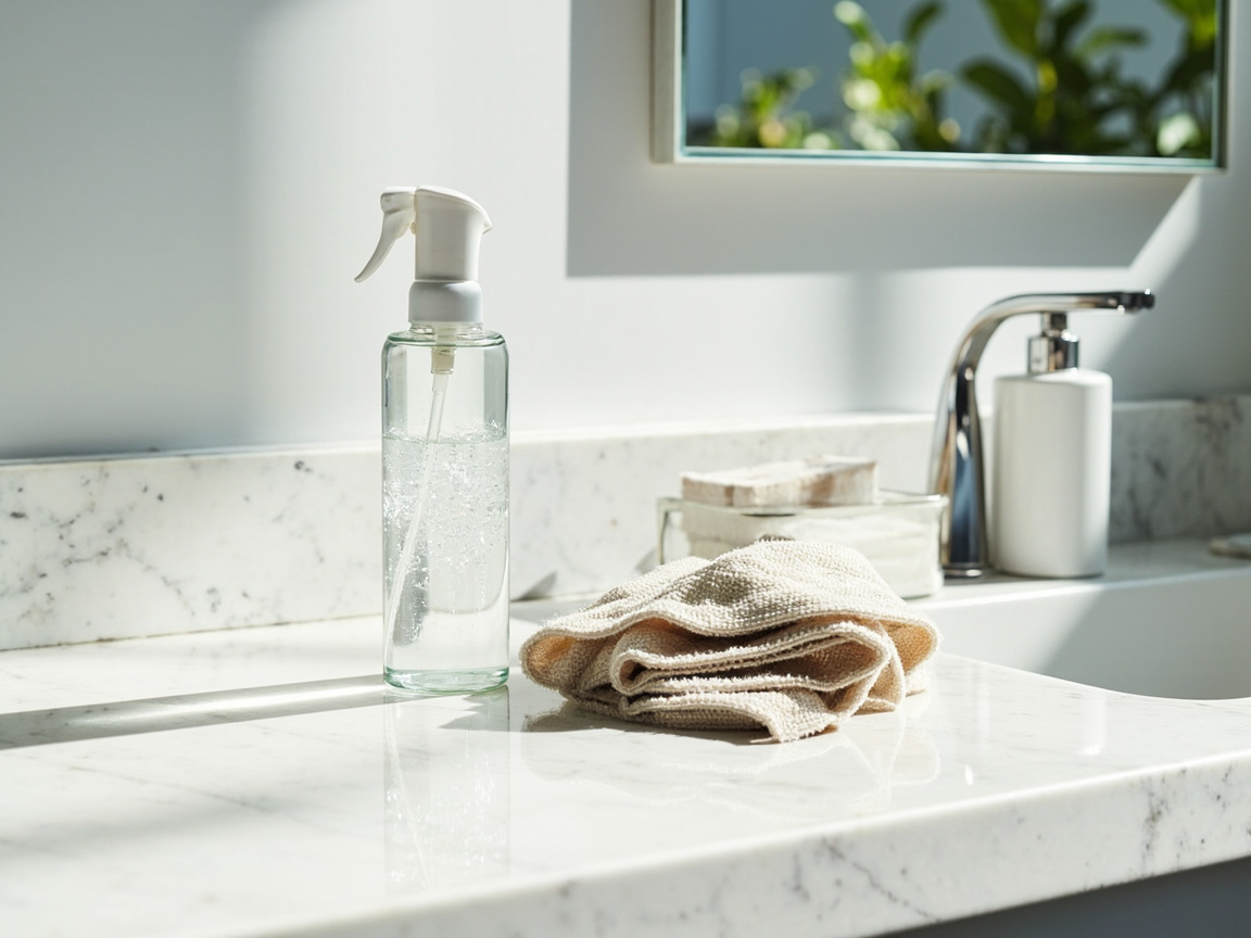 Bathroom with microfiber cloth and spray bottle ready on counter for swish-and-swipe routine