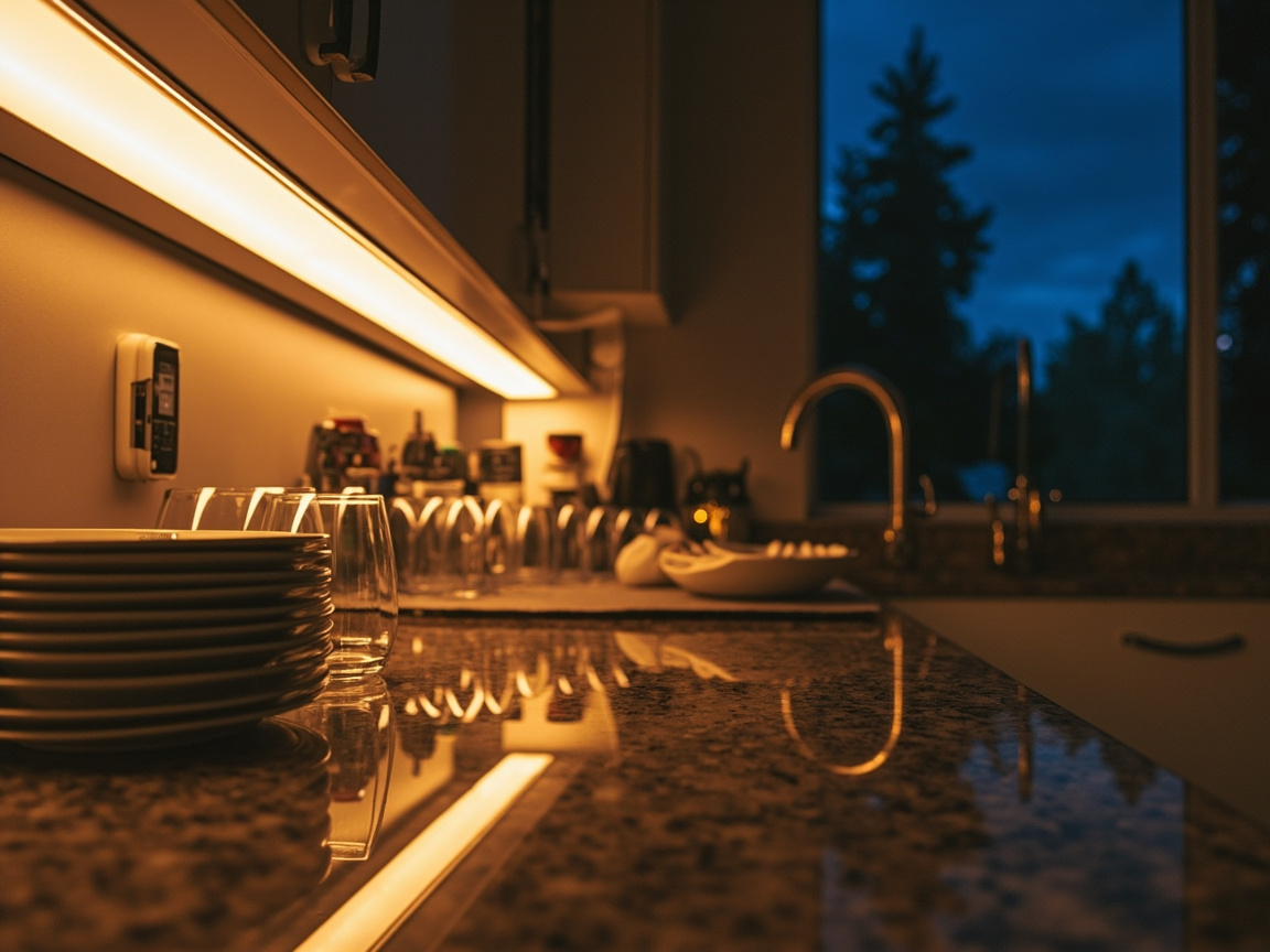 Kitchen counter cleared with clean dishes and ready for morning routine