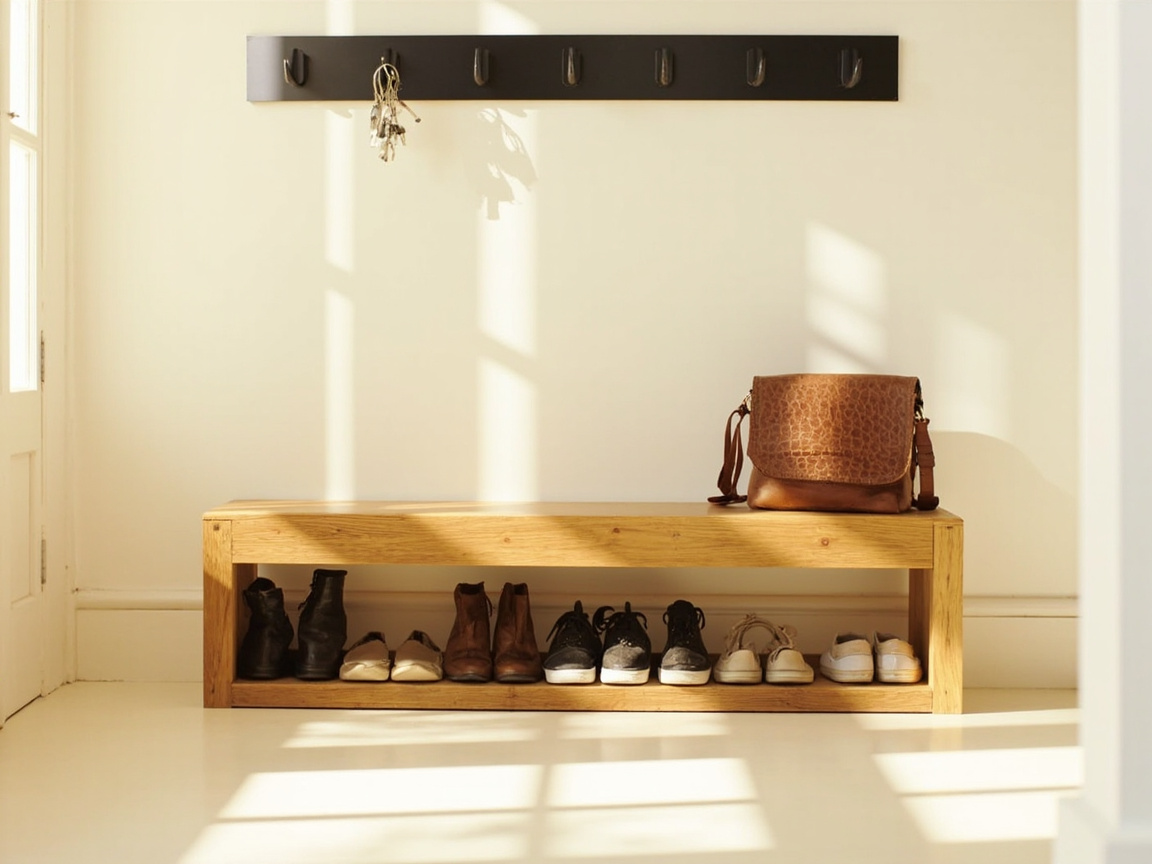 Entry bench with shoes organized and hooks holding bags illustrating FlyLady hot spot maintenance