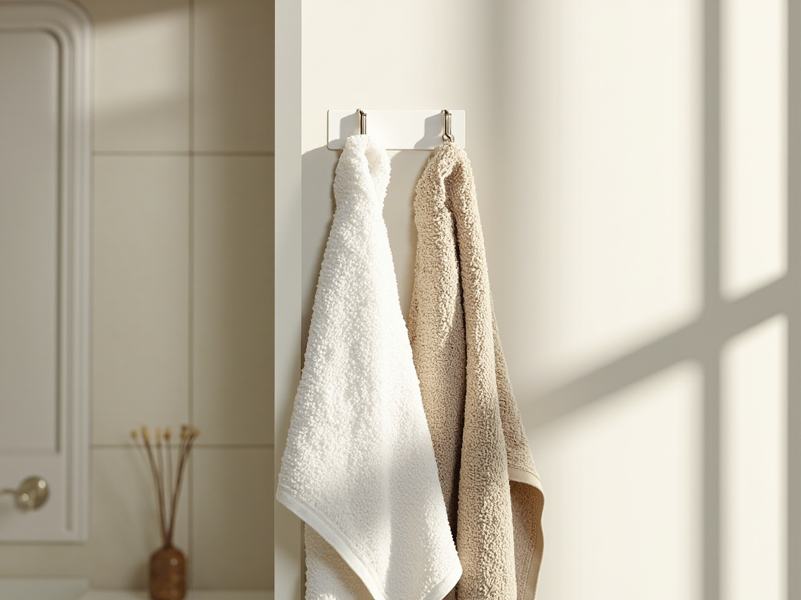 Wall-mounted hook rack with two towels hanging in a sunlit bathroom with neutral tile walls