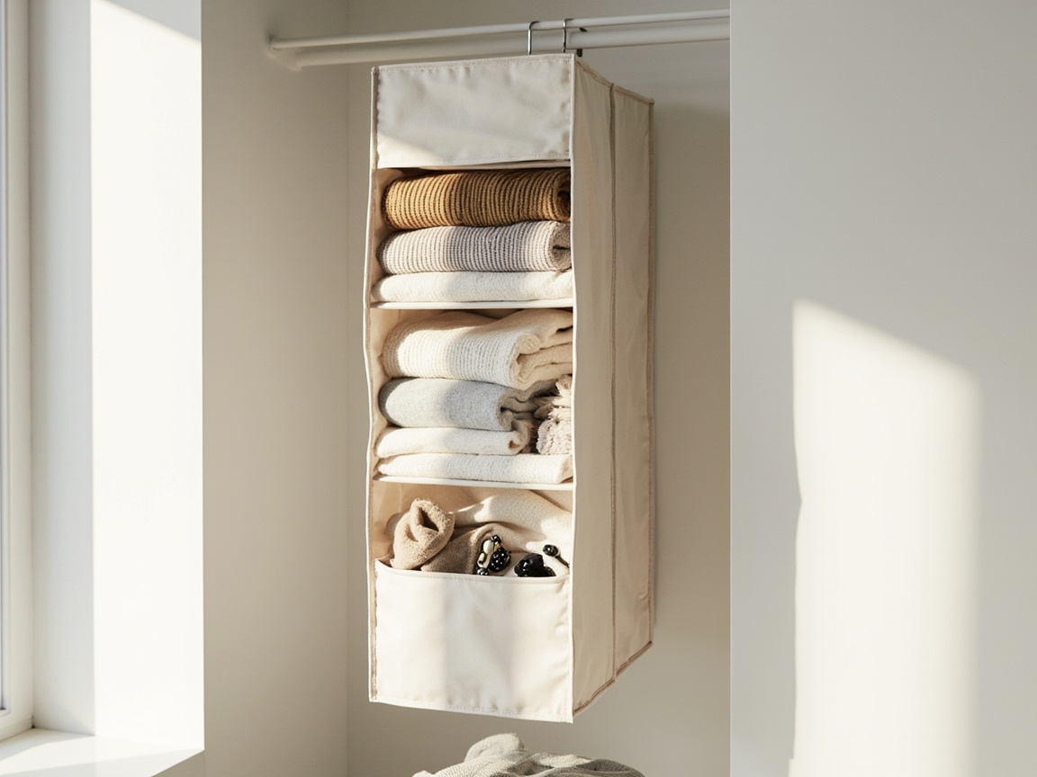 Hanging cream fabric closet organizer with folded sweaters and accessories in a bright white closet