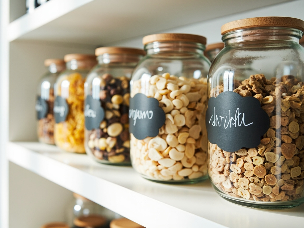 Glass jars with chalkboard labels on a kitchen pantry shelf