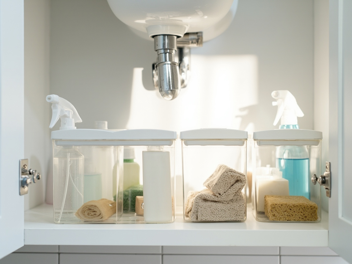 Plastic storage bins neatly organized under a bathroom sink