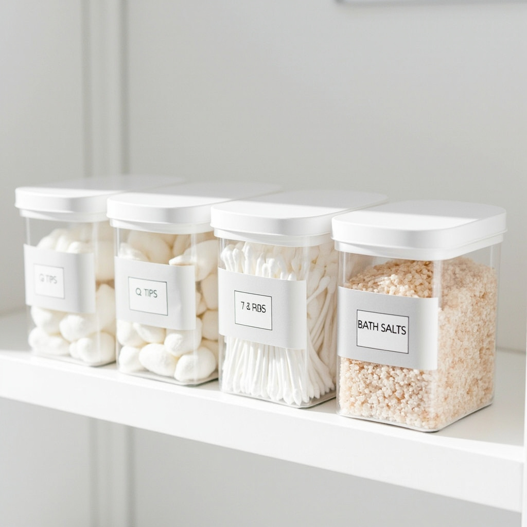 Bathroom shelf with plastic containers holding toiletries, each labeled with waterproof vinyl labels