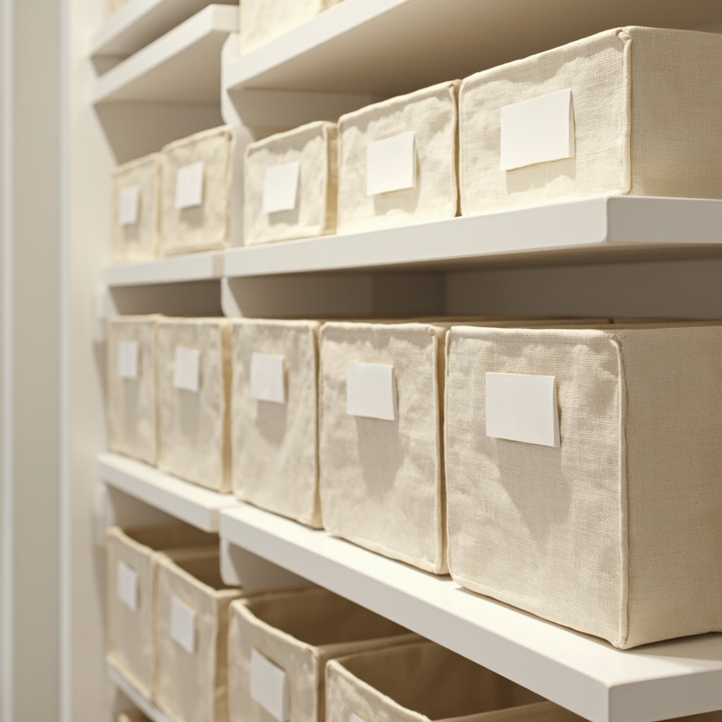 Walk-in closet with labeled fabric storage bins on shelves using removable vinyl labels for seasonal clothing