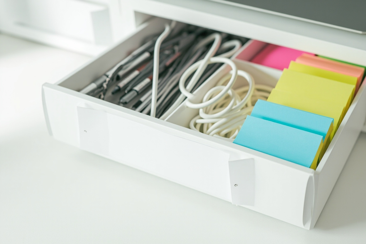 Home office desk drawer with compartments labeled with printed Brother P-Touch style labels for office supplies