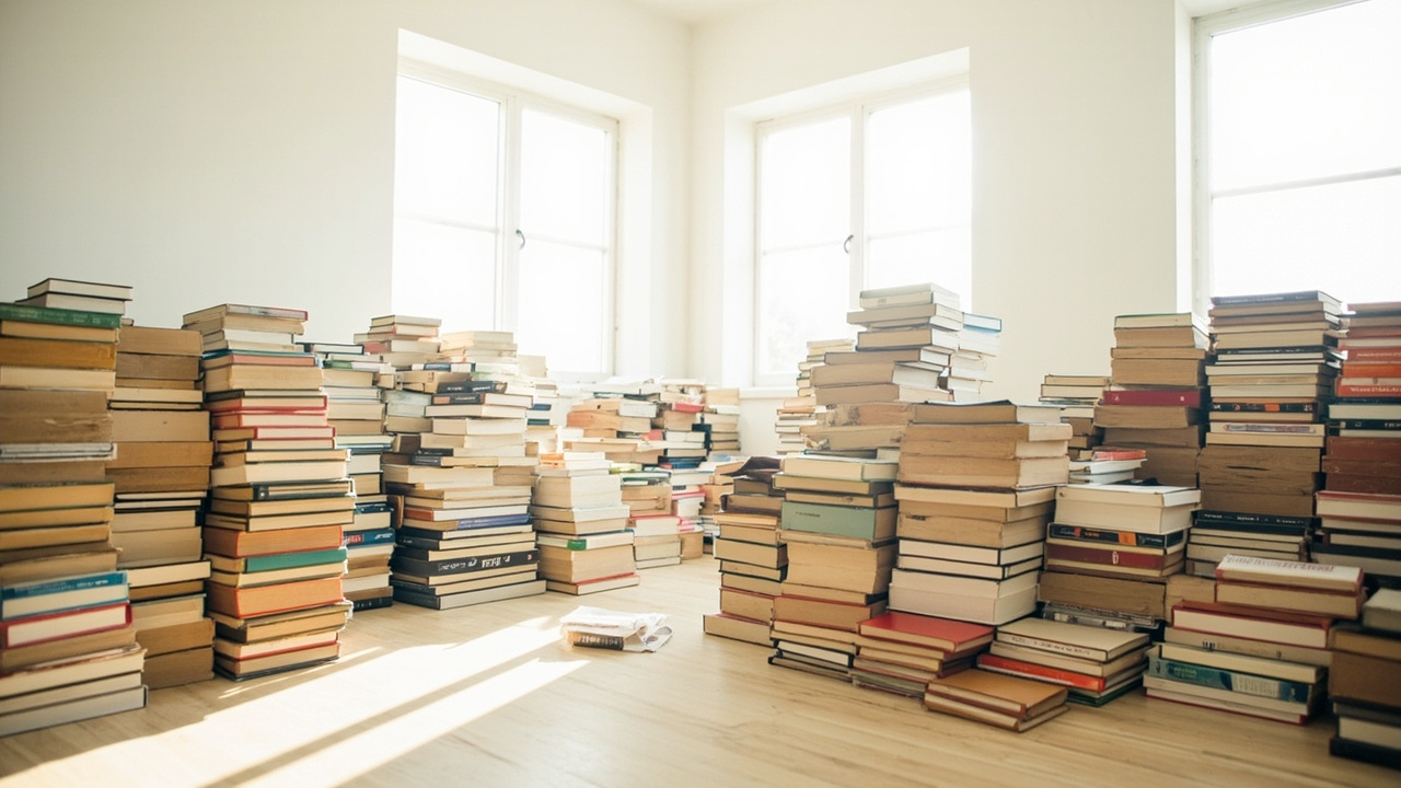 Books being sorted on floor during KonMari tidying session