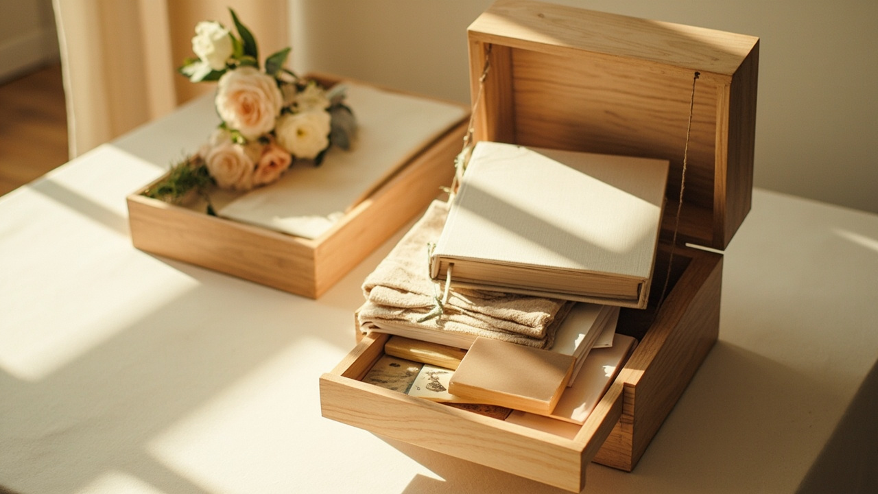 Sentimental items in a memory box with photo album and keepsakes