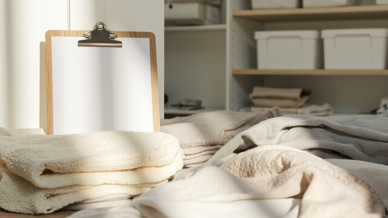 Emptying a linen closet to check expiration — piles of sheets and towels being sorted with expiration checklist