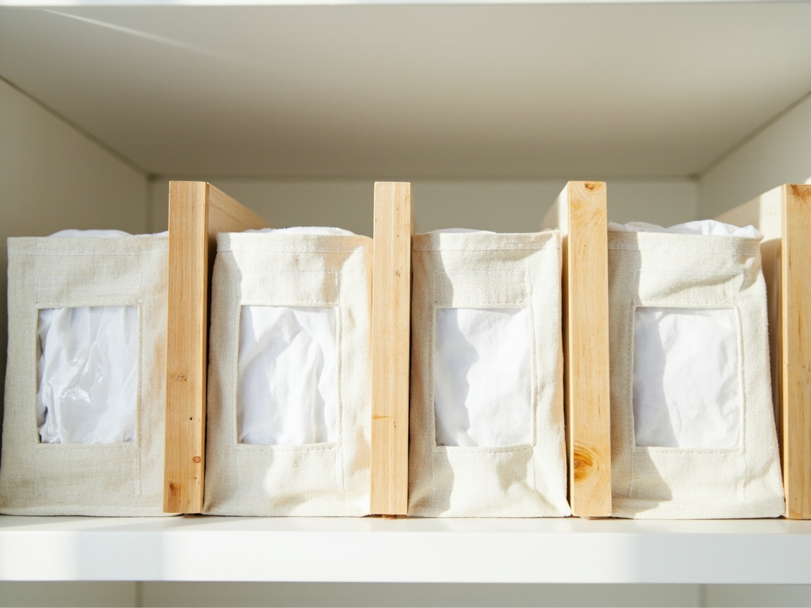 Linen closet shelf with bamboo dividers separating 4 sheet organizers — per-bed quota system