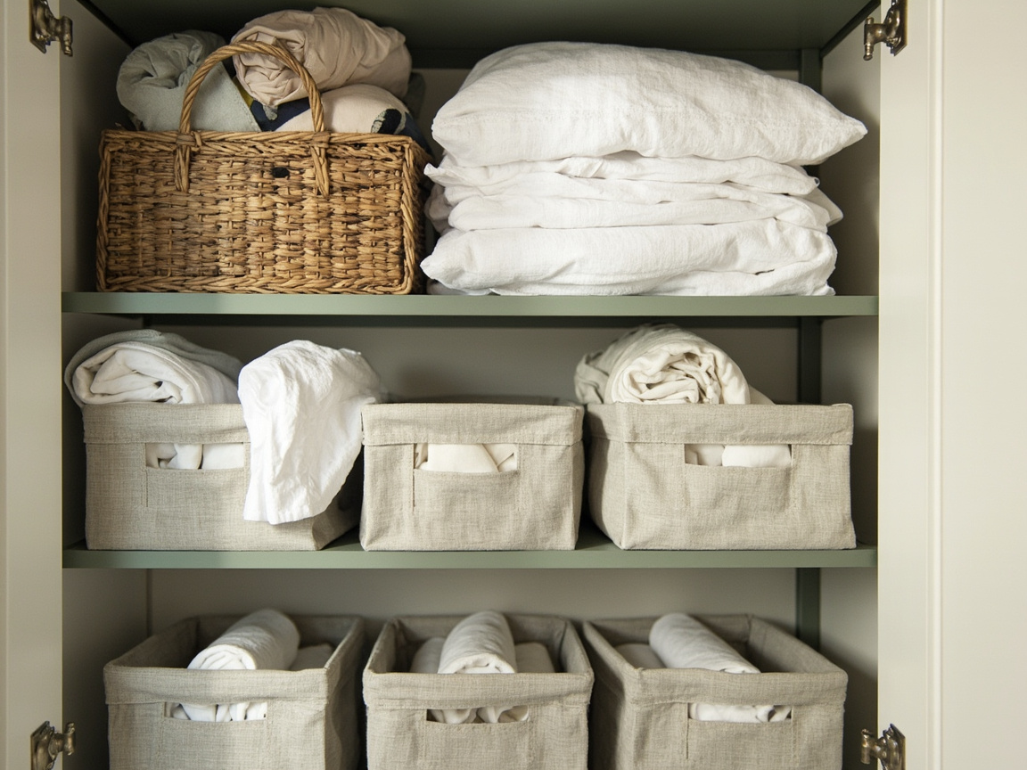 Tall linen cabinet stacked by frequency — middle everyday, top seasonal, bottom washcloths