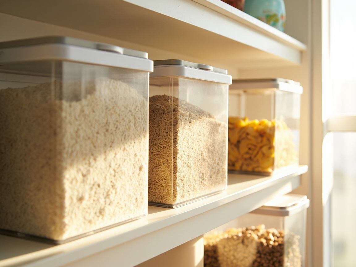 Organized pantry with clear stackable storage bins on white shelves