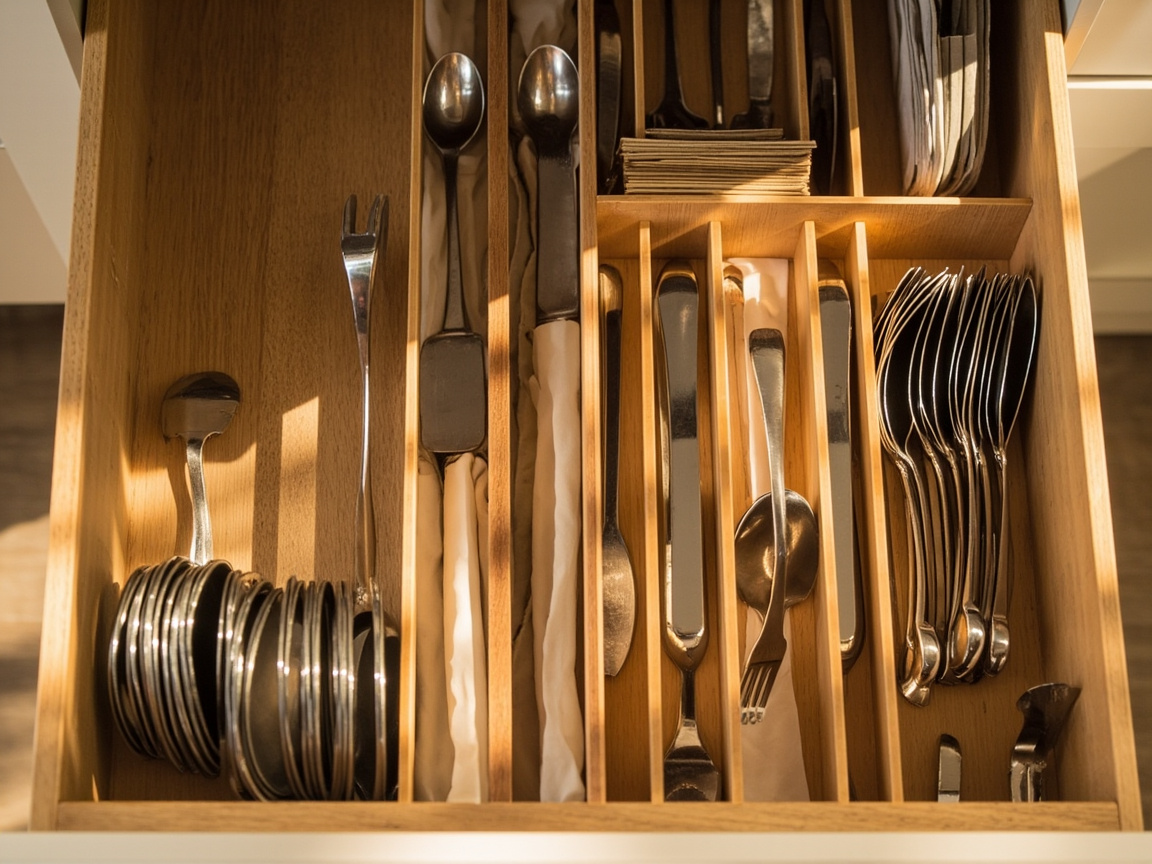 Kitchen drawer with bamboo expandable dividers organizing utensils