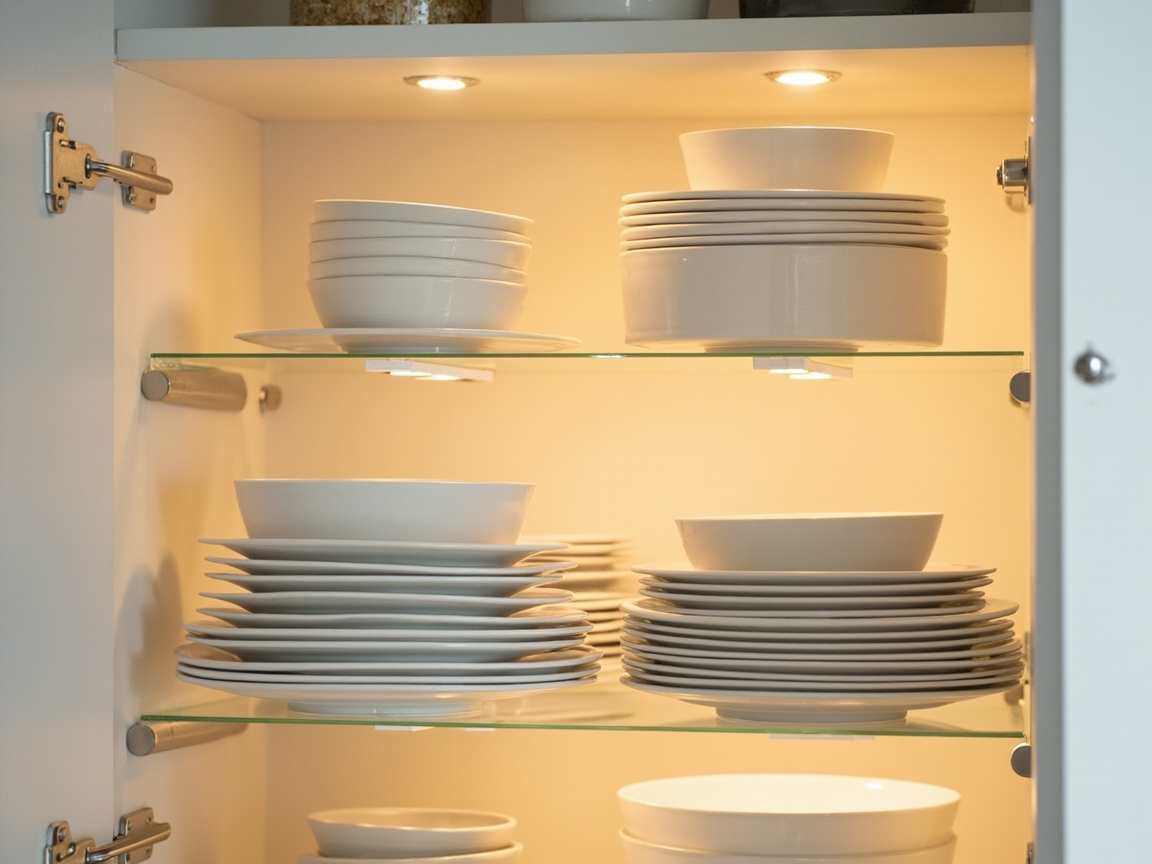 Kitchen cabinet with shelf risers creating multiple storage levels