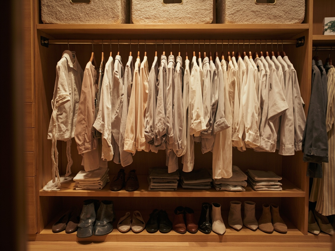 Organized walk-in closet with matching hangers and fabric storage bins