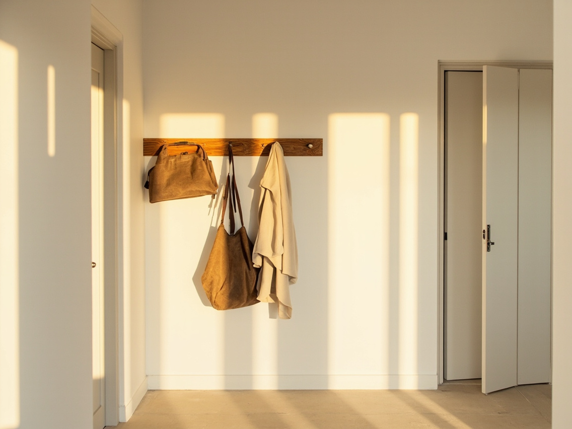 Tidy entryway with wooden wall-mounted coat rack and over-door organizer