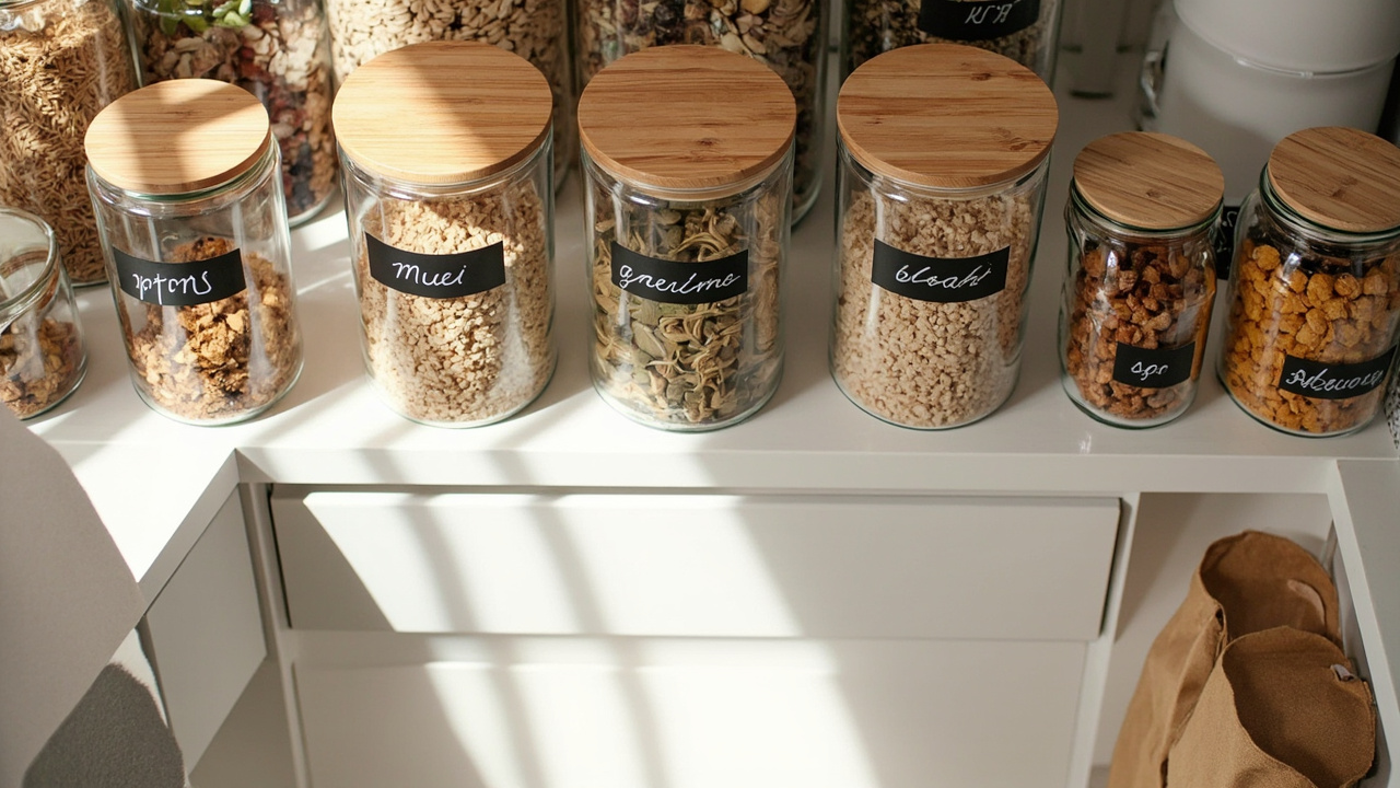 Pantry jars and storage bins with chalkboard labels for easy identification
