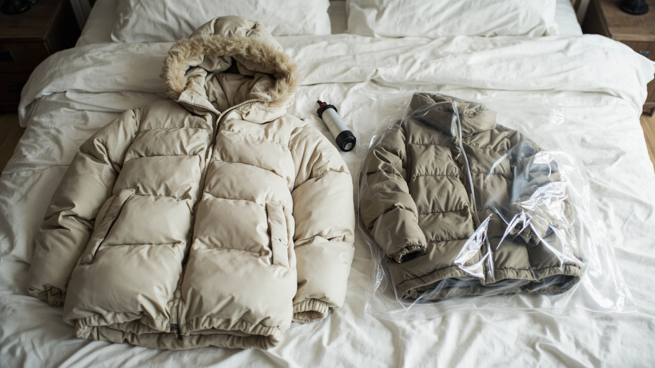 Winter coat being compressed into a vacuum bag — before/after compression demonstration
