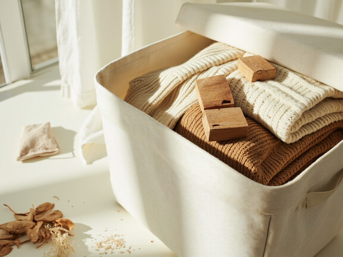 Cotton storage bin with wool sweaters and cedar blocks between folds — Step 3 garment-type sorting