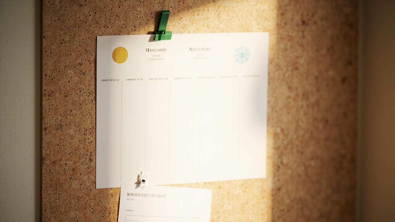Printed seasonal rotation calendar pinned to board showing March and November dates — twice-yearly reminder