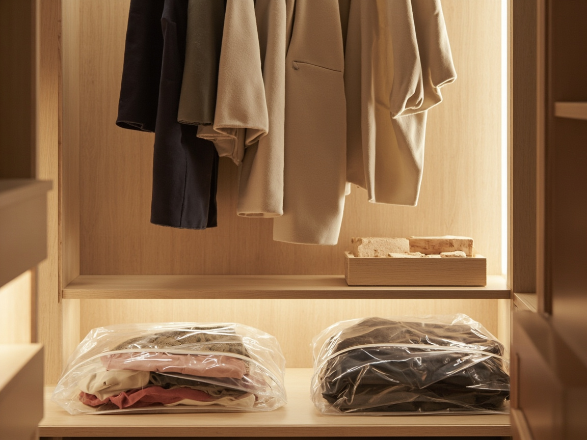 Closet back-of-rod with hanging garment bags and under-bed vacuum bins — rotation storage layout across spaces