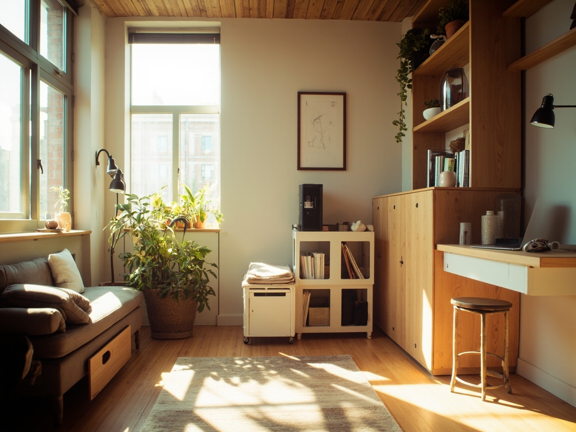 Tiny studio apartment organized with multi-functional furniture, vertical storage, slim rolling cart